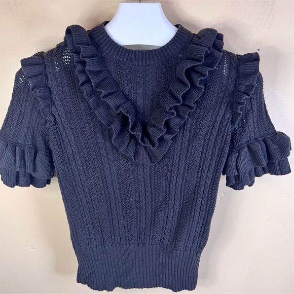H&M Womens Size 8 Black Ruffle Trim Cable Knit Pullover Mock Neck Sweater Career - Picture 1 of 6